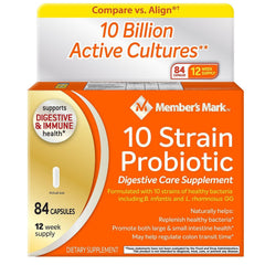 Box and two 42-count bottles of Member's Mark 5X Probiotic Digestive Care Supplement