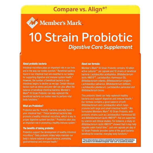 Close-up of Member's Mark 5X Probiotic Digestive Care bottles