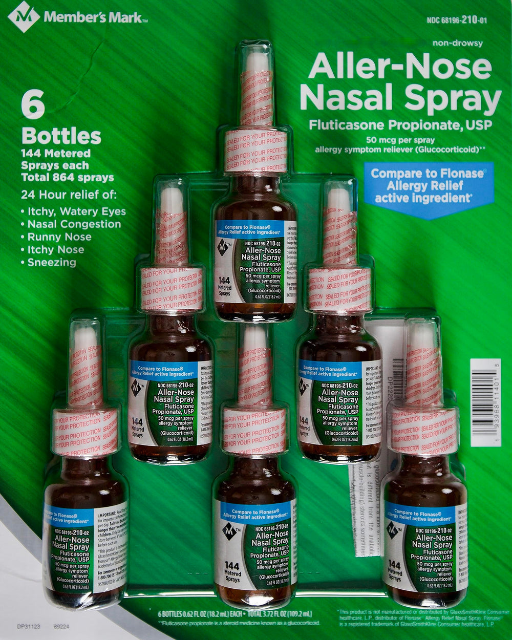 Members Mark Aller-Nose Fluticasone spray bottle angled for detailed view and non-drowsy relief