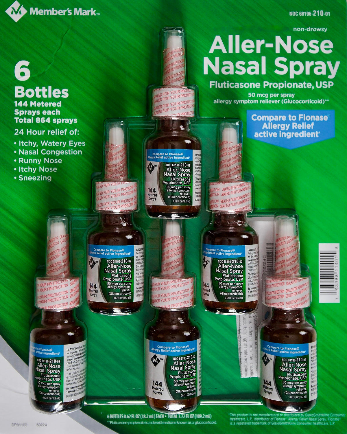 Members Mark Aller-Nose Fluticasone spray bottle angled for detailed view and non-drowsy relief