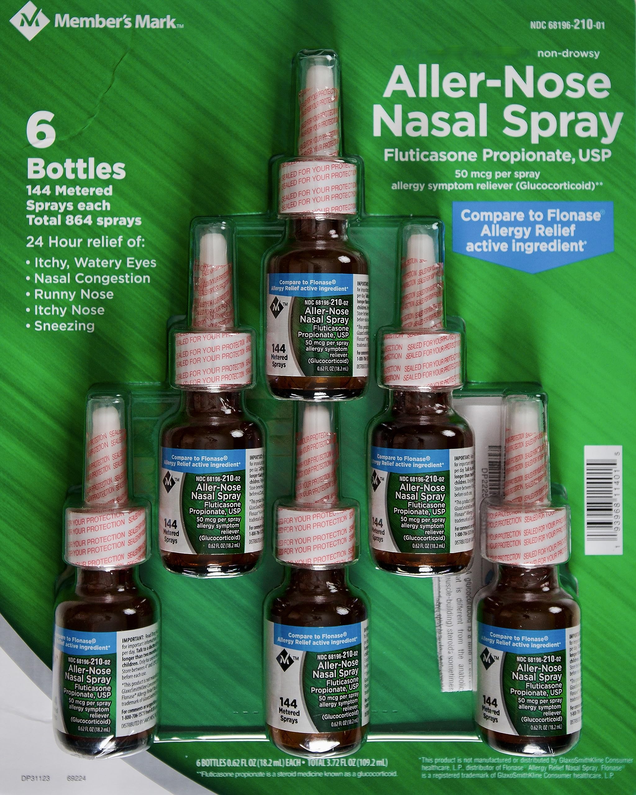 Members Mark Aller-Nose Fluticasone spray bottle angled for detailed view and non-drowsy relief