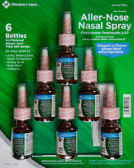 Members Mark Aller-Nose Fluticasone spray bottle angled for detailed view and non-drowsy relief