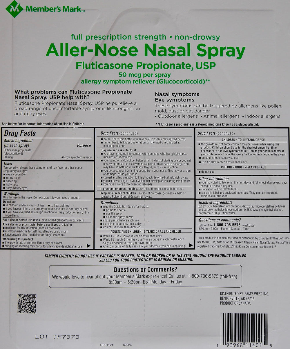 Members Mark Aller-Nose nasal spray packaging close-up shows 144 sprays and 50 mcg per spray