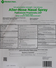 Members Mark Aller-Nose nasal spray packaging close-up shows 144 sprays and 50 mcg per spray