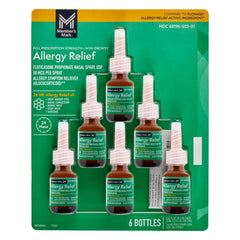 Members Mark Fluticasone nasal spray bottle close-up showing 6-pack packaging for allergy relief potential.
