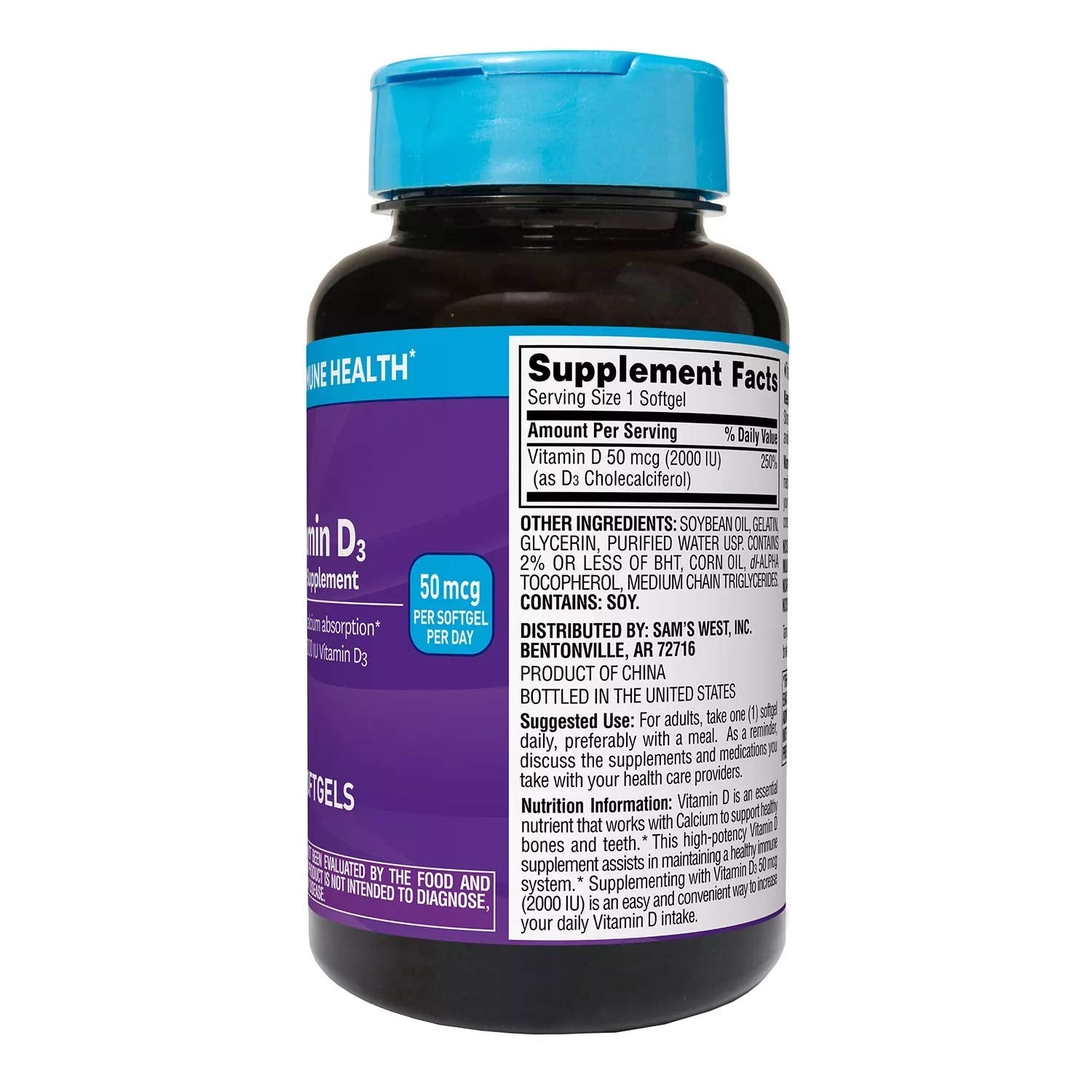 Bottle of Vitamin D3 2000 IU softgel capsules, 400 count