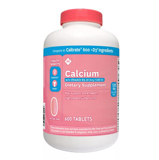 Calcium 600mg with Vitamin D-3 supplement bottle and tablets