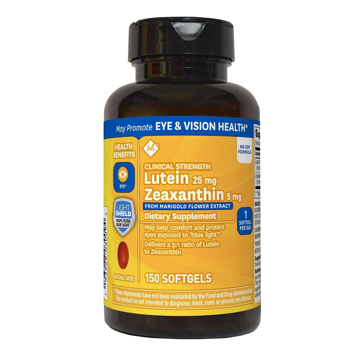 Front view of Members Mark Lutein 25mg Zeaxanthin 5mg 150-count bottle