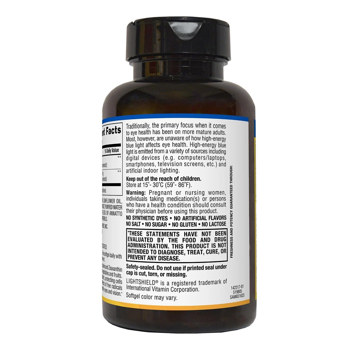 Back label with supplement facts and ingredients on Members Mark bottle