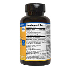 Close-up of softgels showing 25mg lutein and 5mg zeaxanthin per softgel