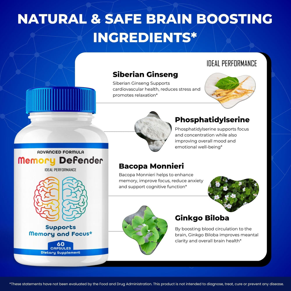 Close-up of Memory Defender capsules in bottle
