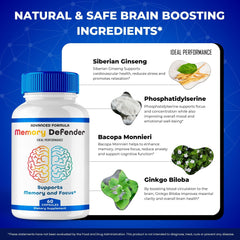 Close-up of Memory Defender capsules in bottle