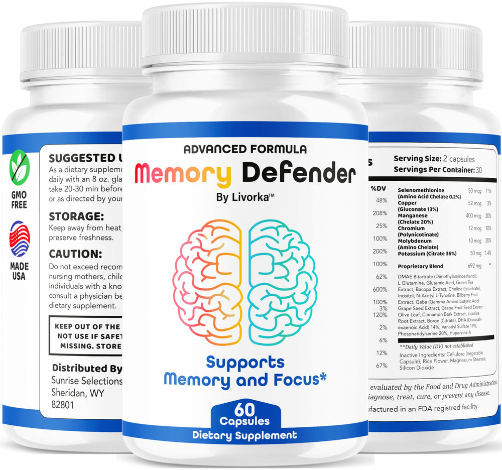 Memory Defender product photography with bottle and capsules