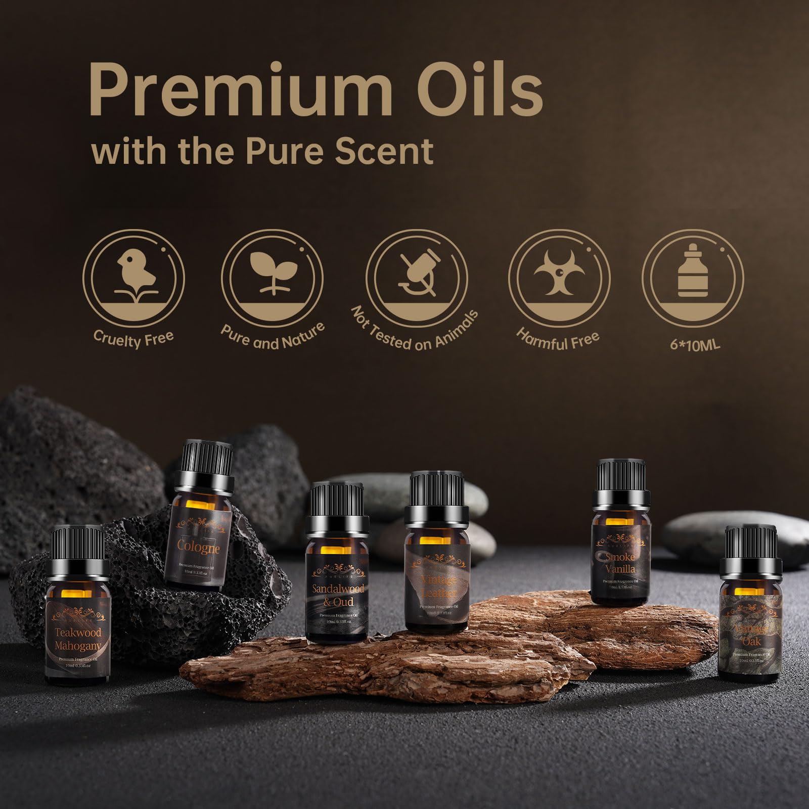Oak fragrance essential oil bottle on wood background