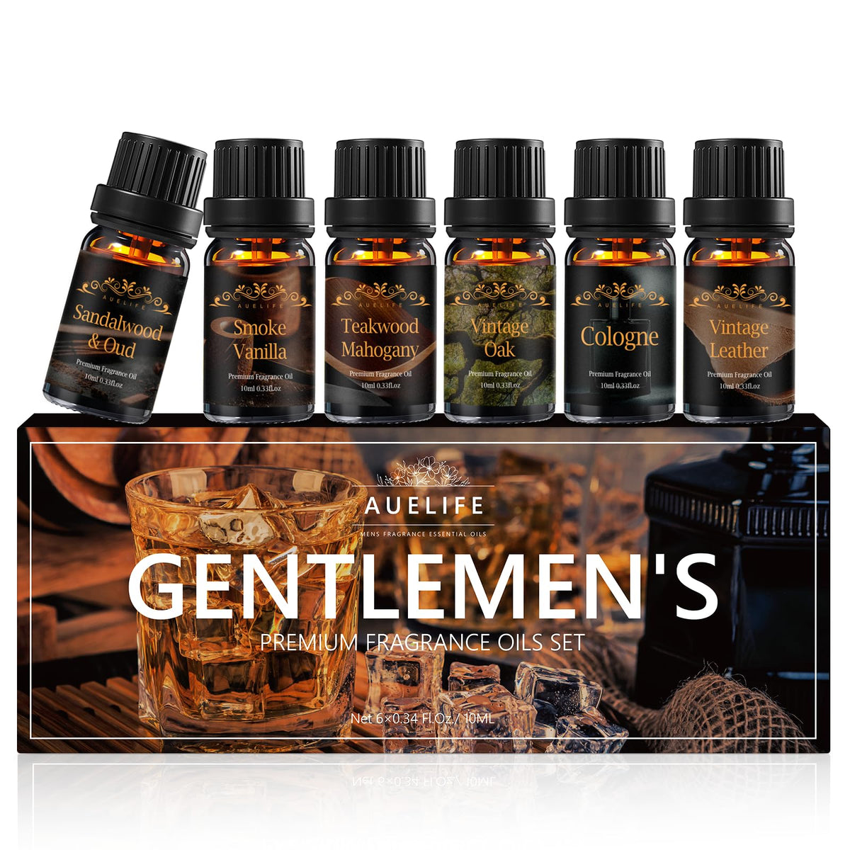 Gift box packaging showing six 10ml essential oil bottles