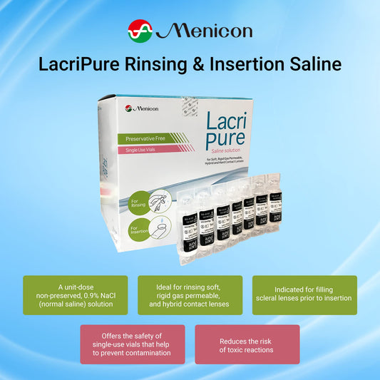 Close-up of Menicon LacriPure saline 5ml vials