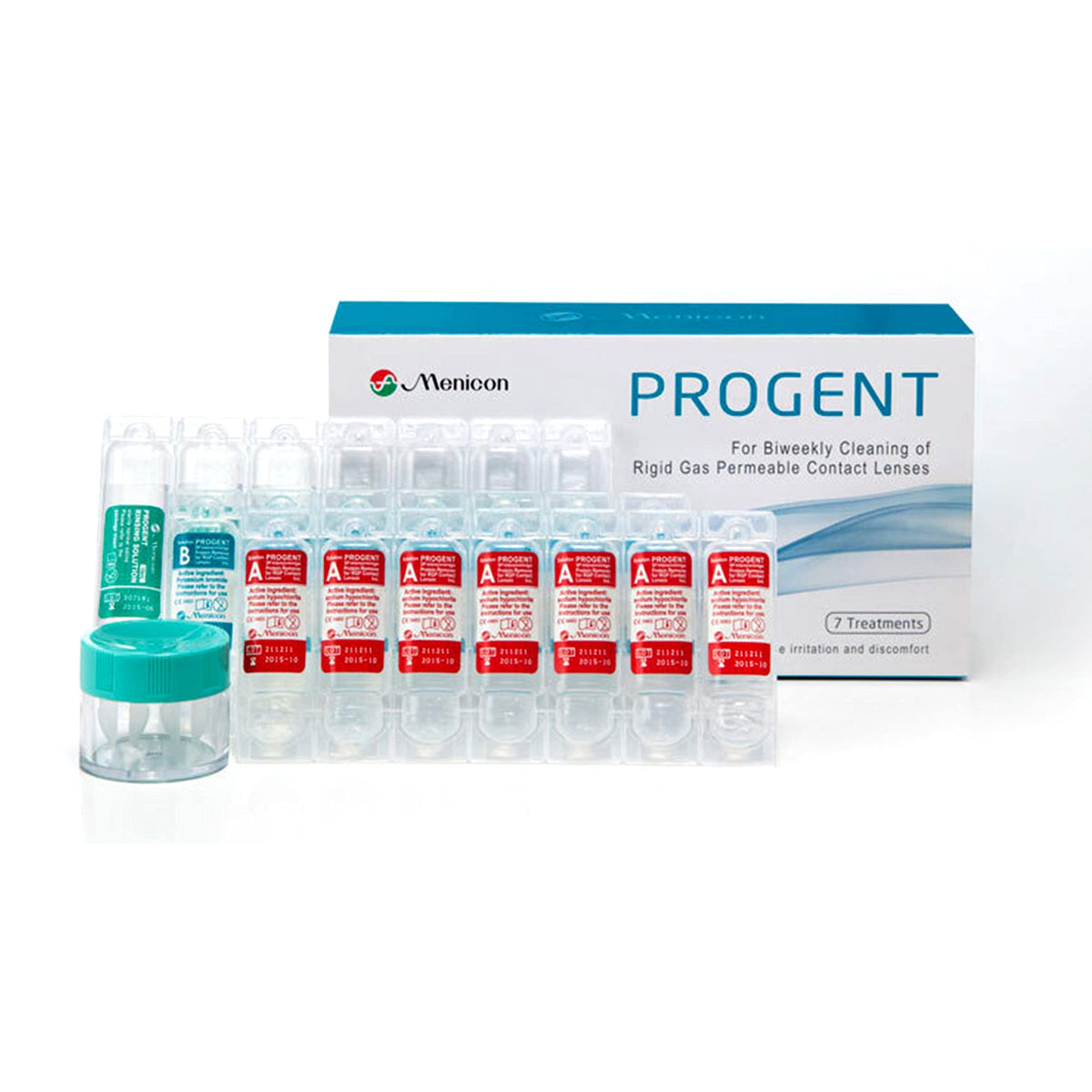 Front view of Menicon Progent 7 Treatments Pack with kit components