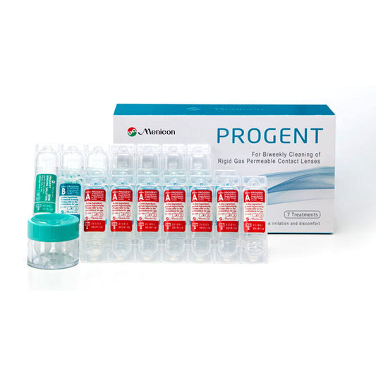 Front view of Menicon Progent 7 Treatments Pack with kit components