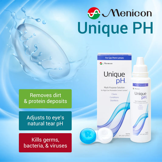Close-up of Menicon solution bottle with included lens case