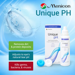 Close-up of Menicon solution bottle with included lens case