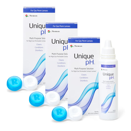 Menicon Unique pH 4 oz bottles in 3-pack with RGP lens case