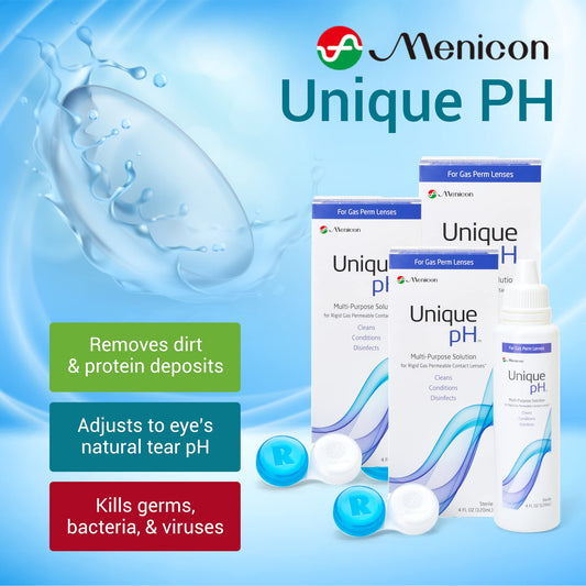 Close-up of Menicon Unique pH 4 oz bottles in 3-pack