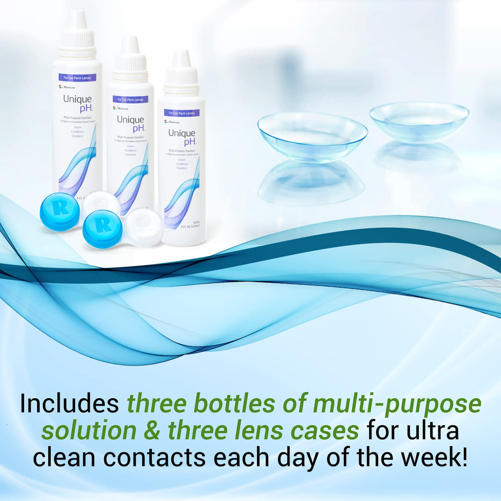 Product display of Menicon Unique pH Multi-Purpose Solution 3-pack