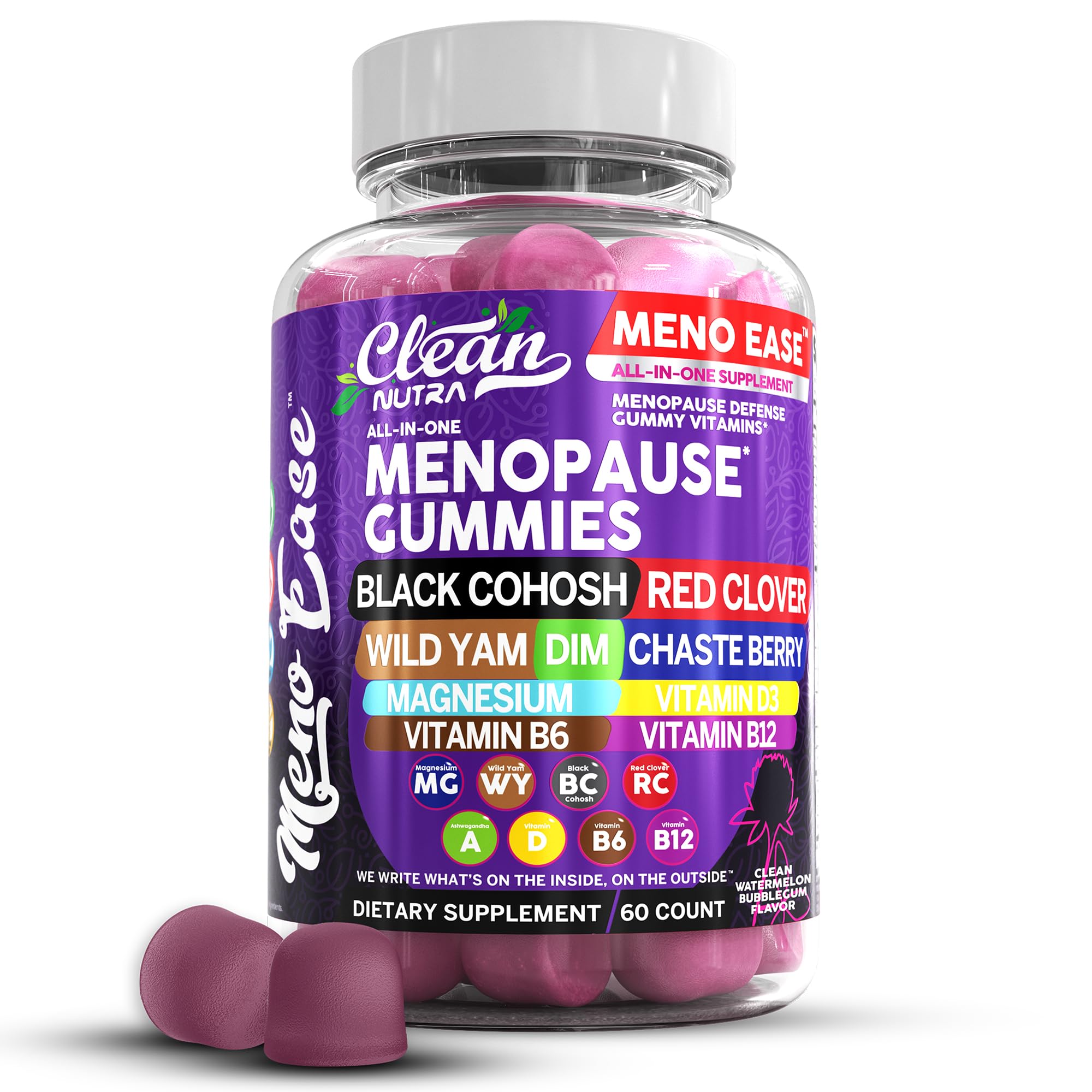 Bottle of Meno Ease menopause gummies with herbal ingredients