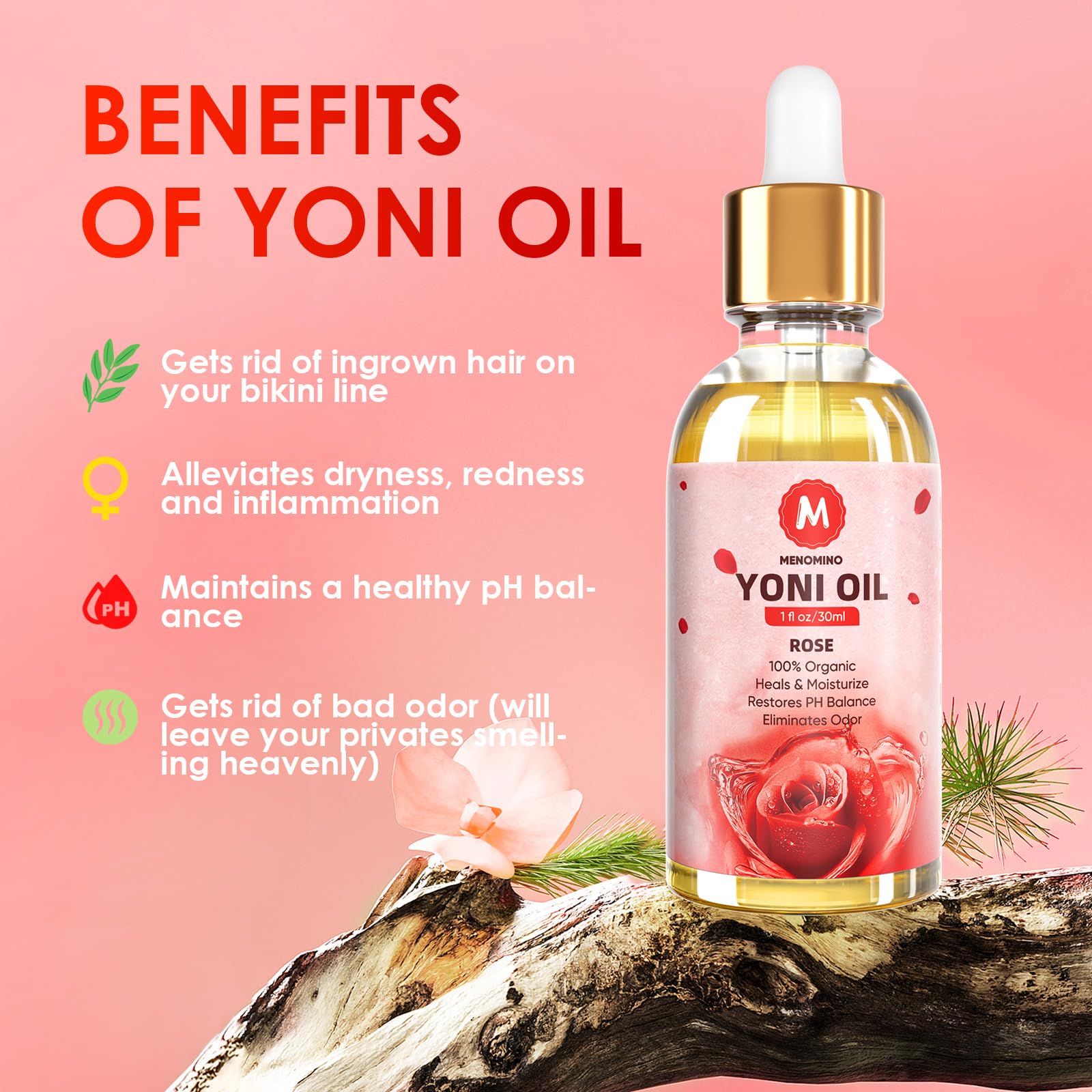 MENOMINO rose yoni oil applied on skin after bathing for absorption