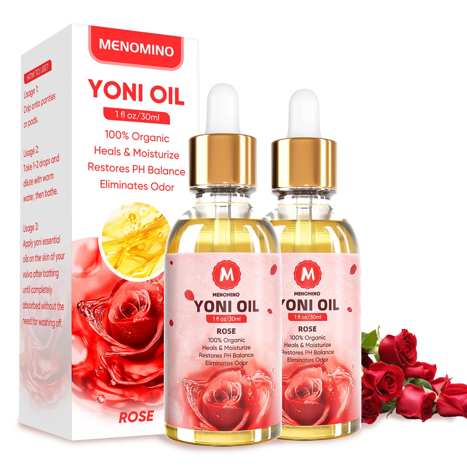 MENOMINO rose yoni oil bottle front view for gentle moisture and balance