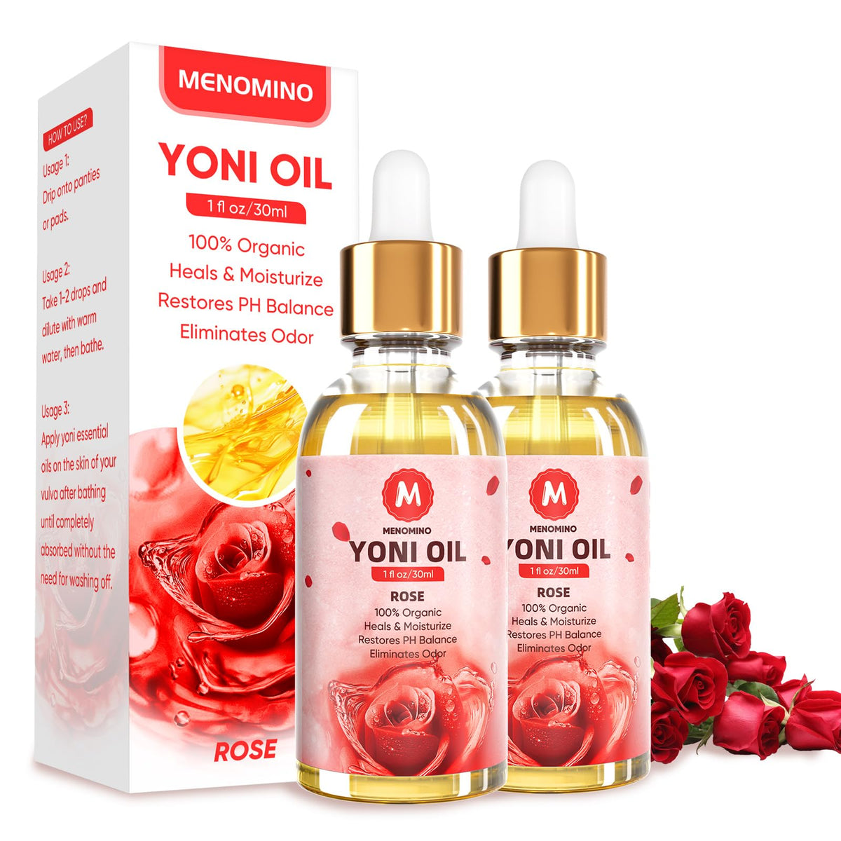 MENOMINO rose yoni oil bottle front view for gentle moisture and balance