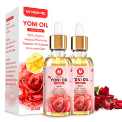 MENOMINO rose yoni oil bottle front view for gentle moisture and balance
