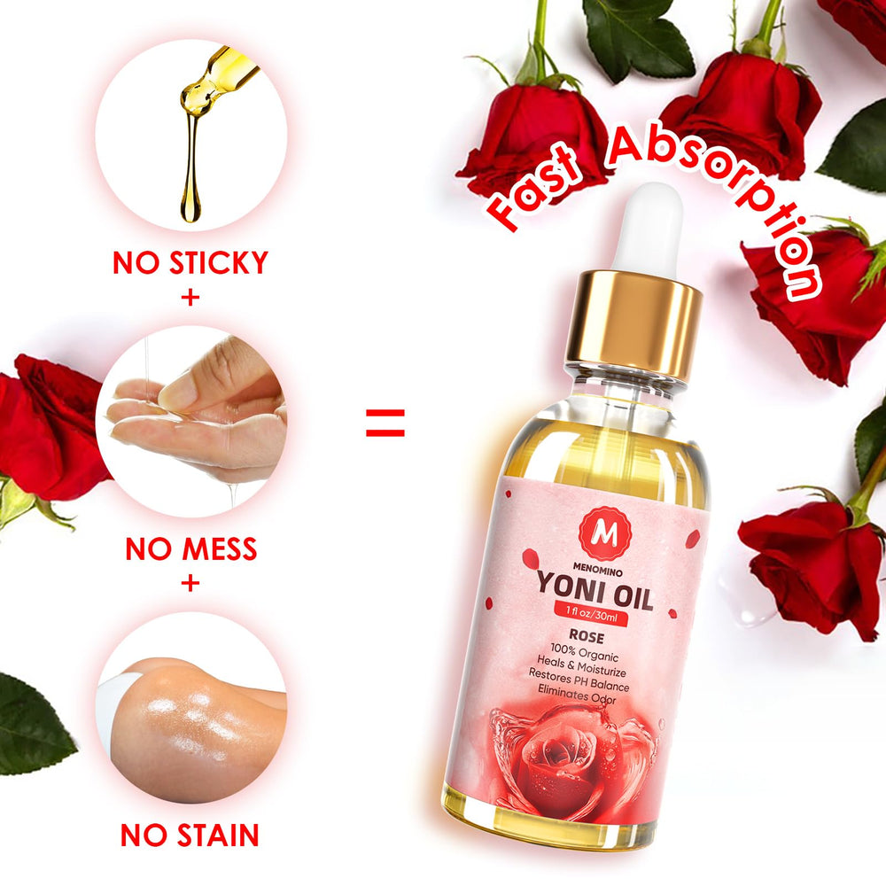 MENOMINO rose yoni oil ingredients panel highlighting natural extracts