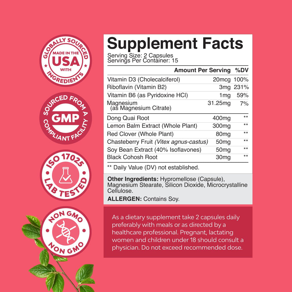 Close-up of menopause supplement bottle