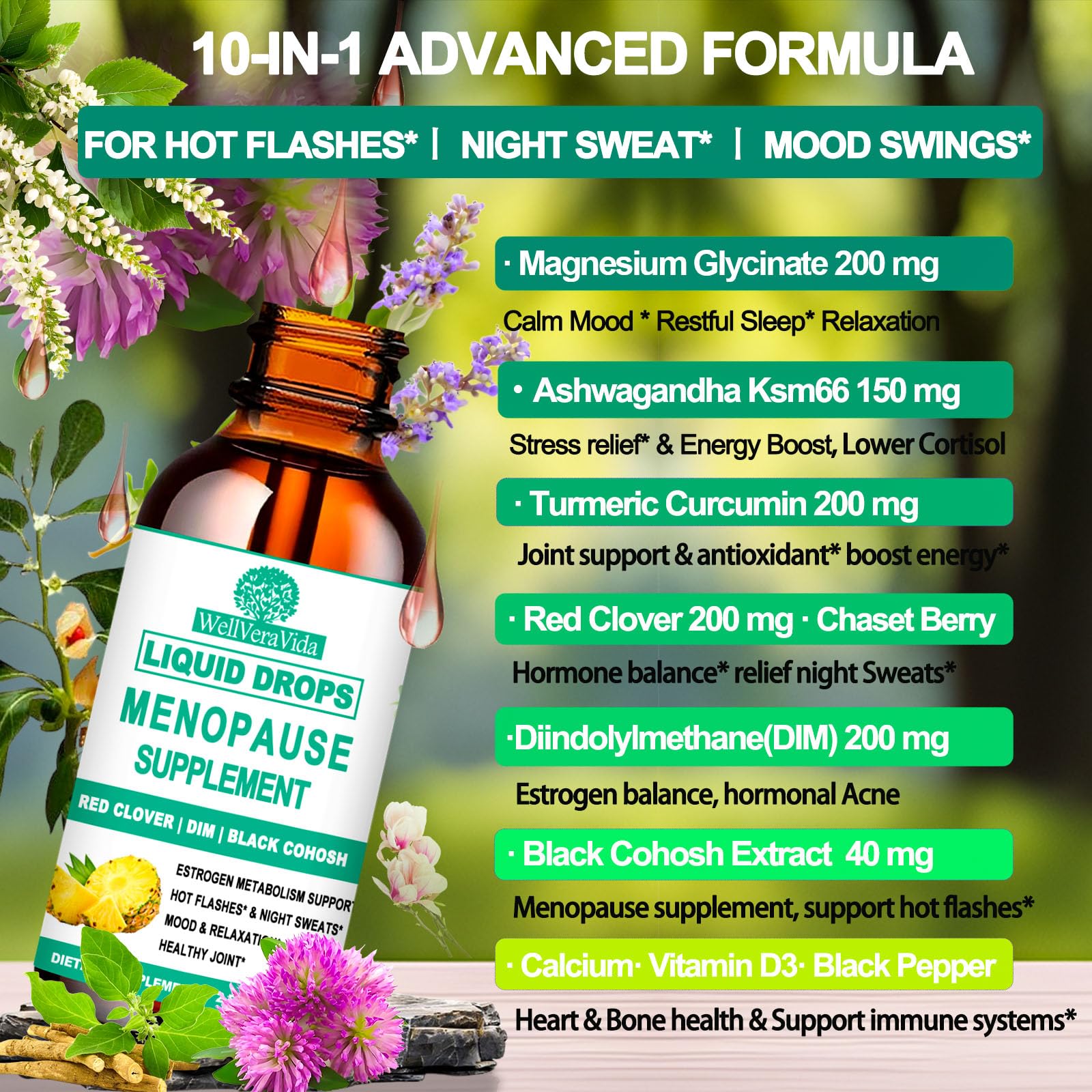 Close-up of ingredients Black Cohosh, DIM, Turmeric Extract in menopause formula