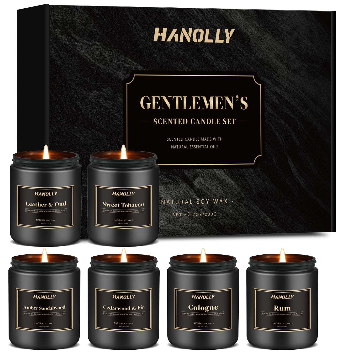 Six-pack masculine candle gift set in premium black box