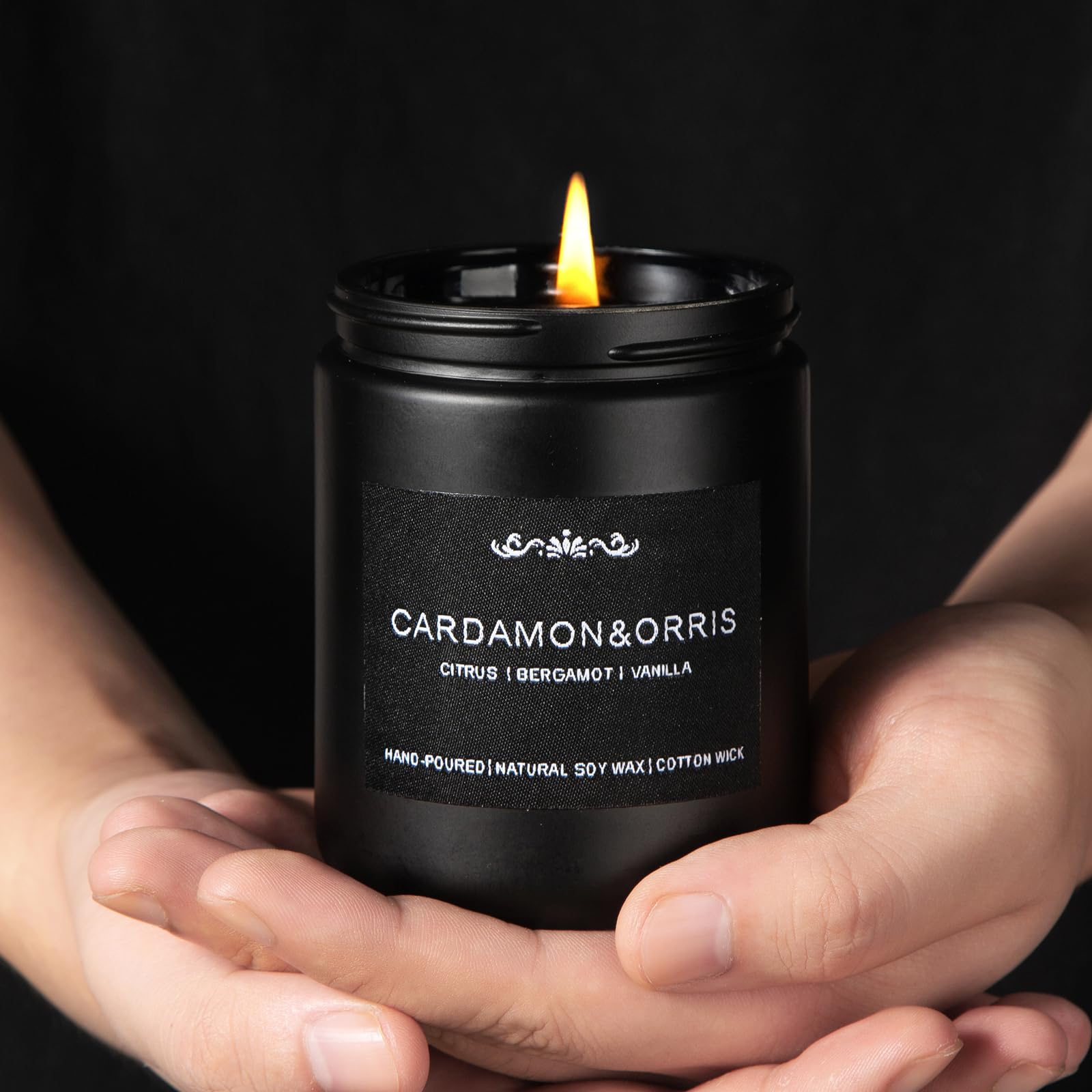 Close-up of gift-ready packaging for men's candles