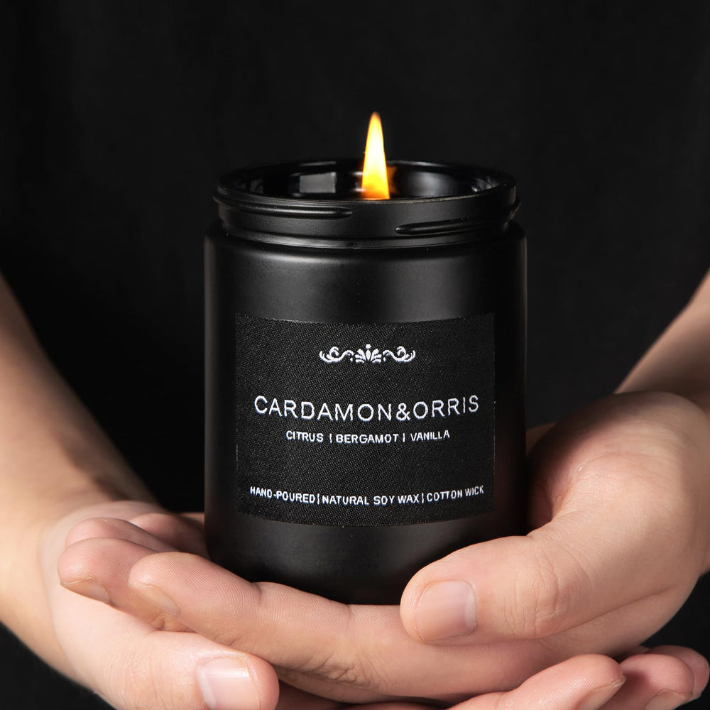 Close-up of gift-ready packaging for men's candles