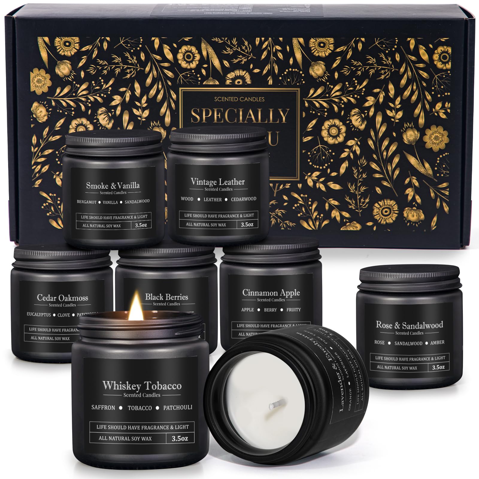 Eight-pack mens scented candles gift set in black glass jars.