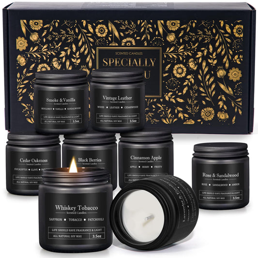 Eight-pack mens scented candles gift set in black glass jars.
