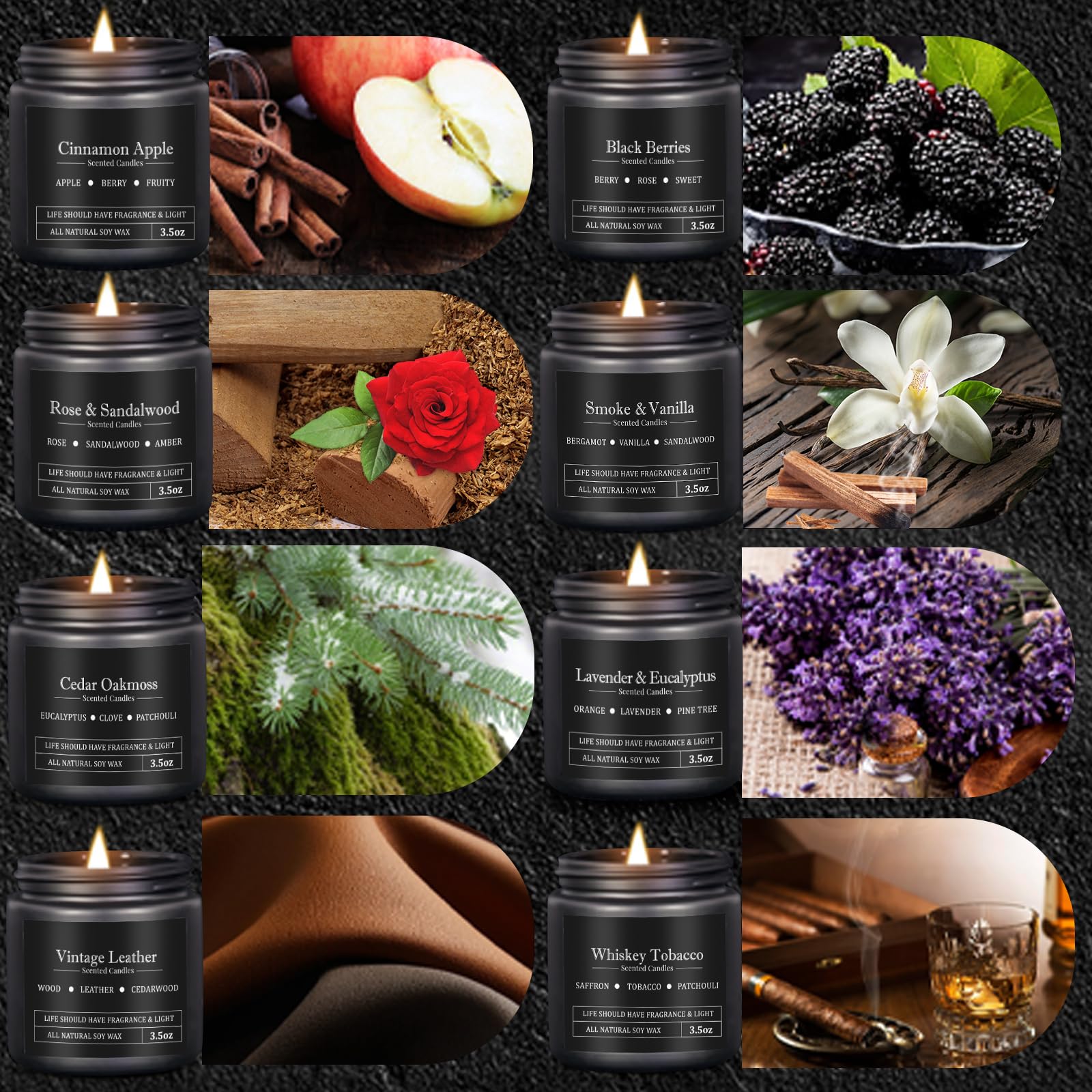 Close-up of the variety of masculine candle fragrances in the set.