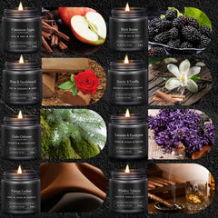 Close-up of the variety of masculine candle fragrances in the set.