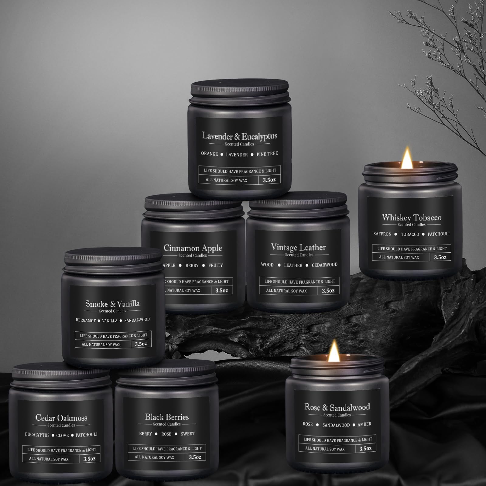 Whiskey Tobacco fragrance candle included in the set.