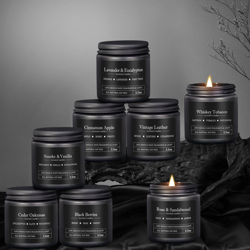 Whiskey Tobacco fragrance candle included in the set.