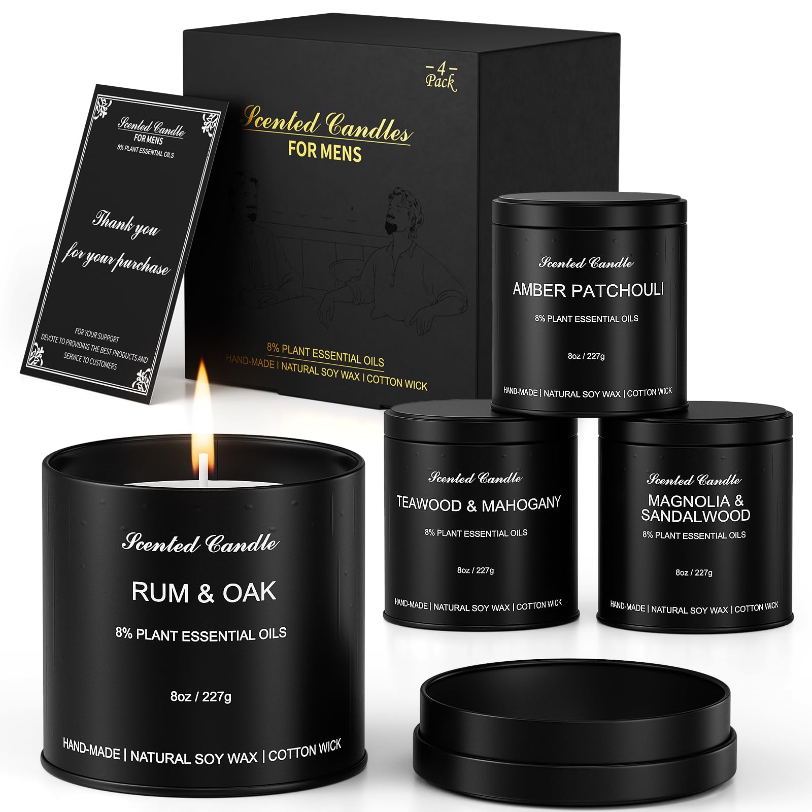 Amber Patchouli scented candle in matte black tin (4-pack)