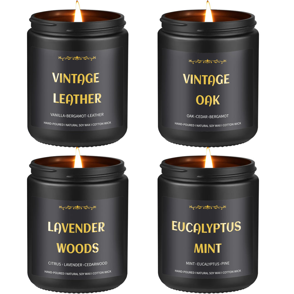 Hero image: Men's four-pack soy candles in black jars