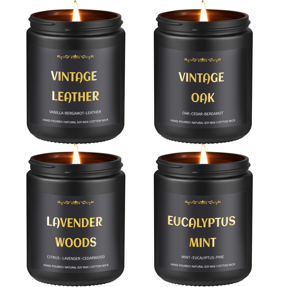 Hero image: Men's four-pack soy candles in black jars
