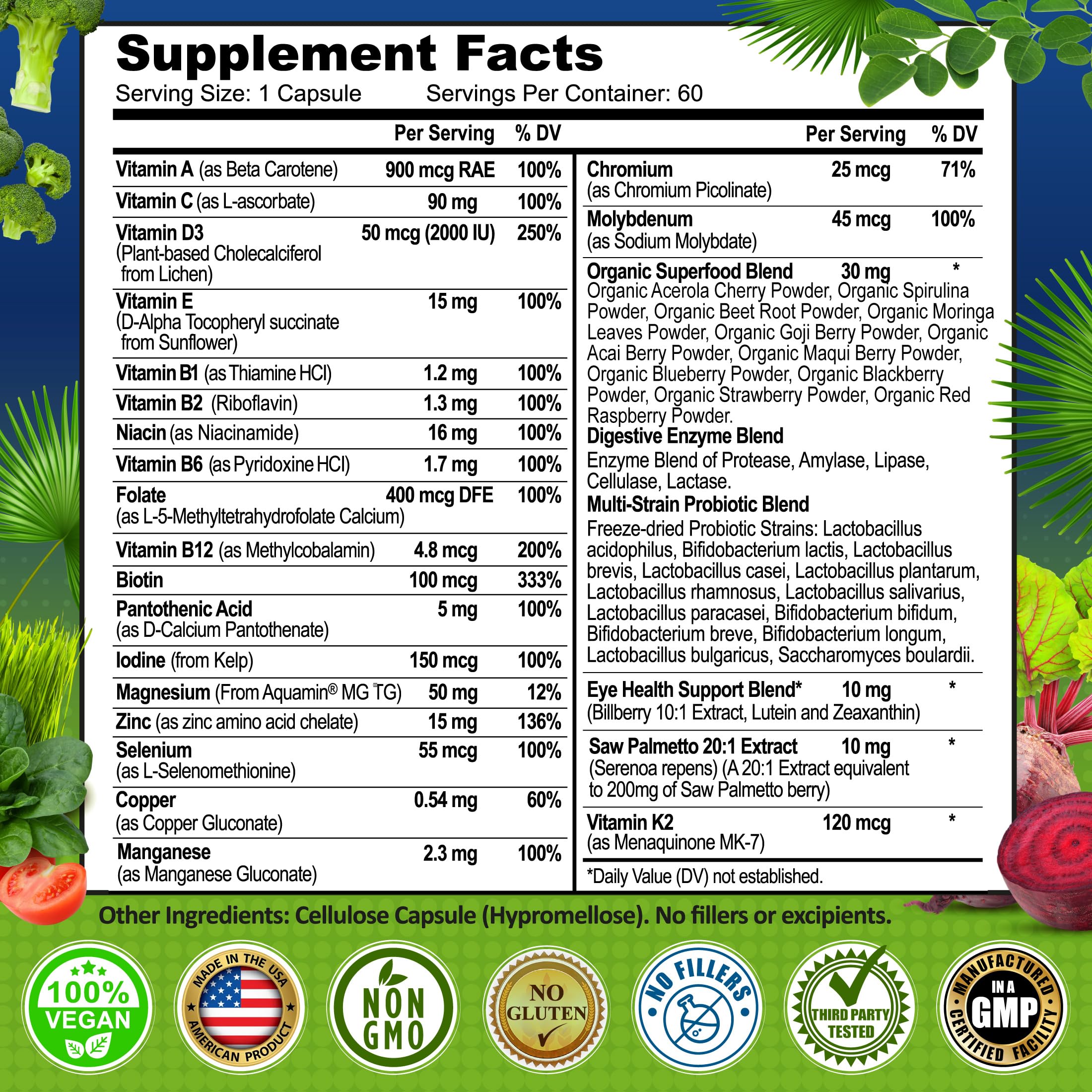 Close-up of vegan capsules for men 50+