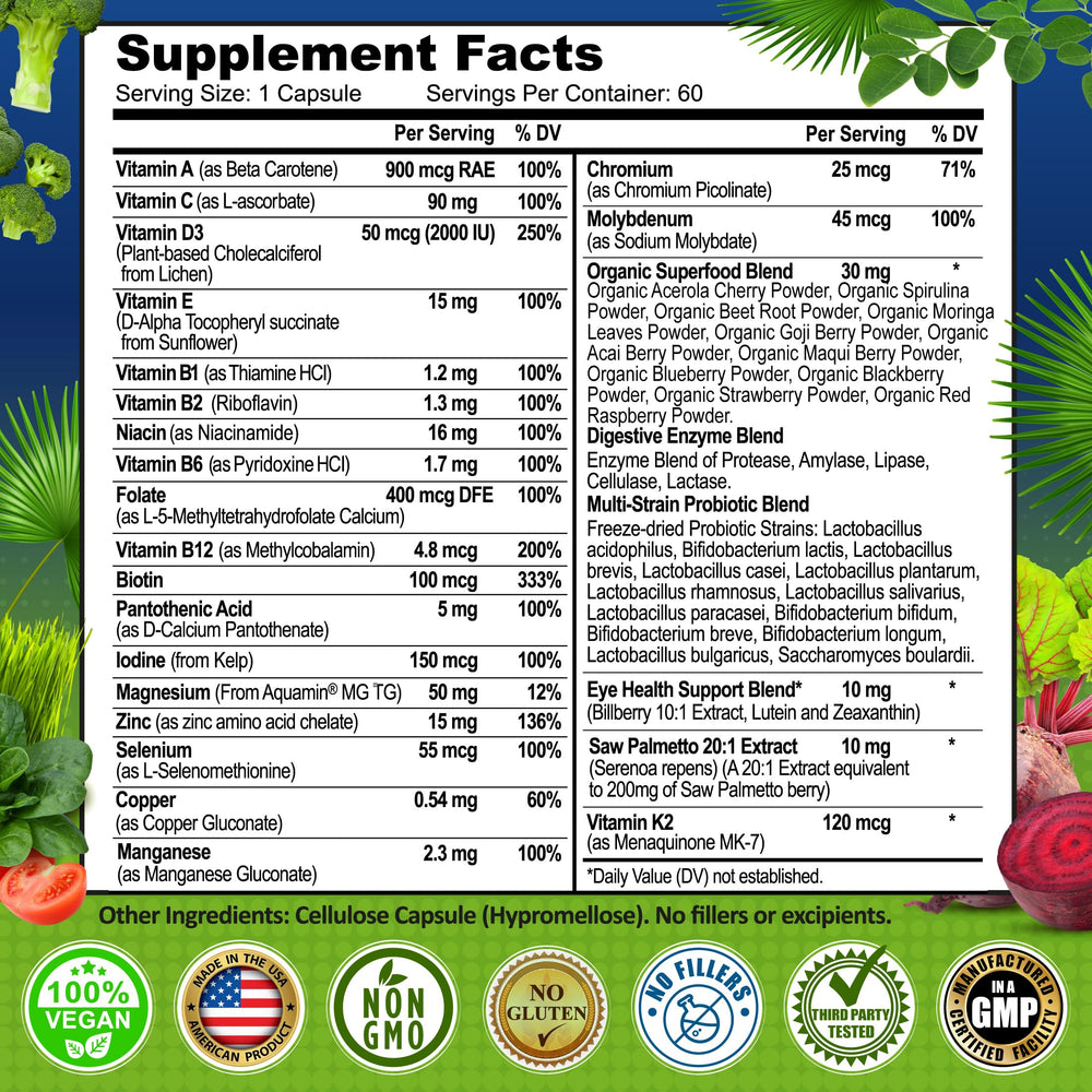 Close-up of vegan capsules for men 50+