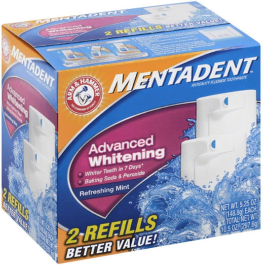 Mentadent Advanced Whitening Mint Toothpaste bottle with 2 refills, 10.5 oz total